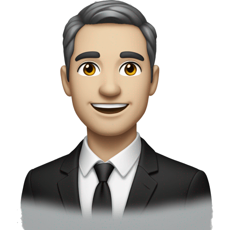 Portrait of an adult smiling man, pale light skin, short bold black-gray ombre hair, black eyes, wearing a black office suit and a white collared shirt underneath. emoji