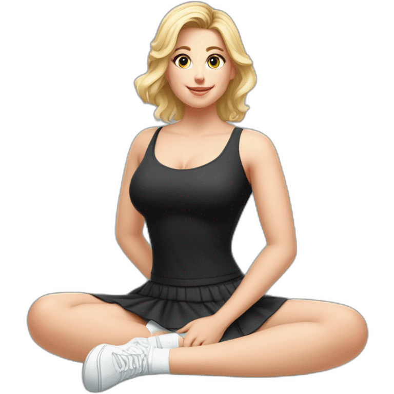 Front view full body curvy caucasian beauty sits on the floor straight hands up black skirt white knickers white socks emoji