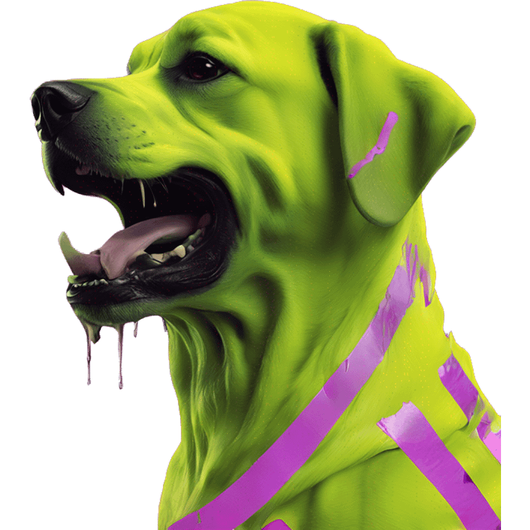 .Zombie_ Vaporwave black holographic oilslick zombie dog yellow caution tape graffiti neon yellow stripes emoji