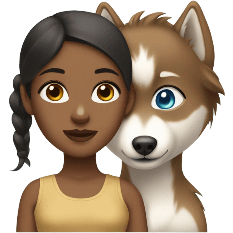 Brown girl with blue eyes next to a female Husky beige golden with green eyes emoji