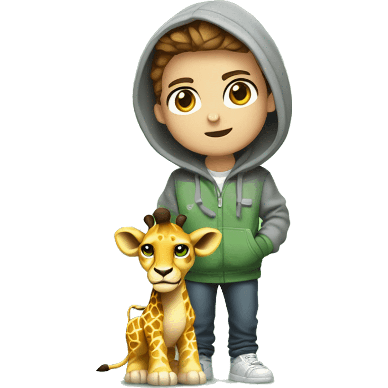 Young cartoon character,
short chestnut hair, green eyes,
grey hoodie, holding controller,
gaming items around, giraffe nearby,
lion cub, playful expression, cool style,
modern look, green background emoji