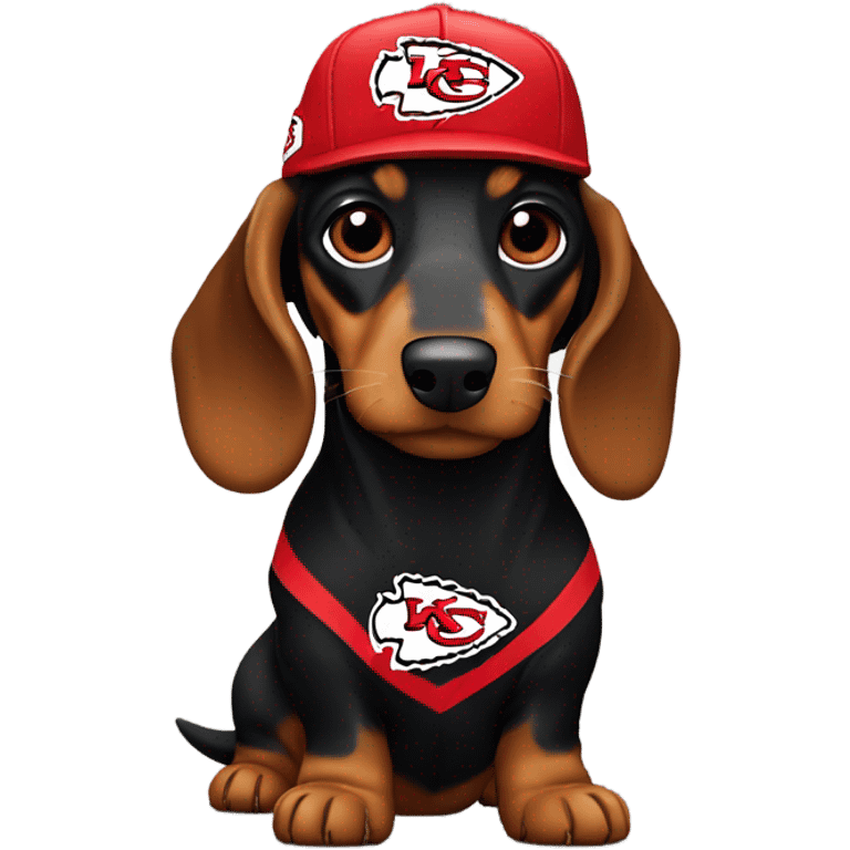 Long haired black and tan dachshund wearing chiefs gear emoji