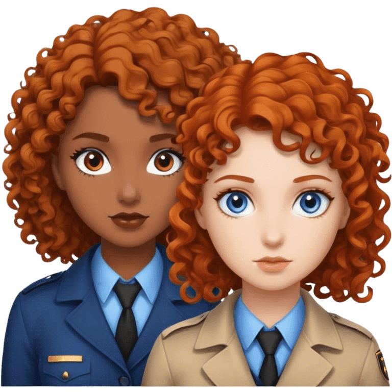 two girl detectives with curly hair, one with white skin brown hair and blue eyes, one brown skin orange hair and brown eyes emoji