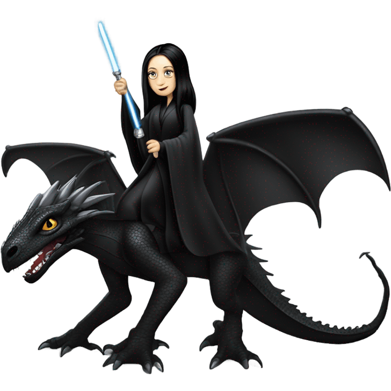  beautiful armored teen Morticia Addams Jedi riding on the back of a very large black shiny dragon emoji