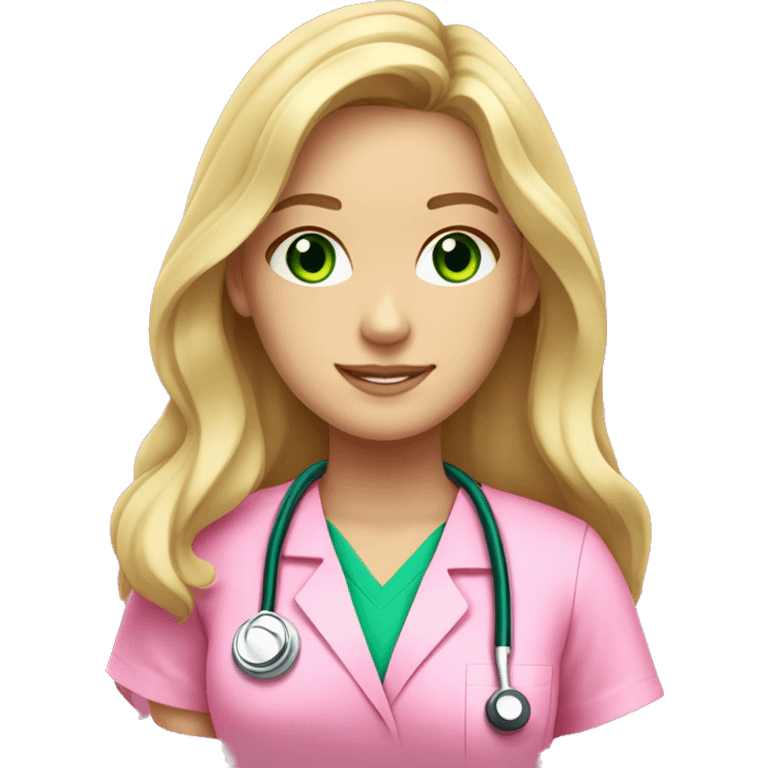 pale blonde girl with long wavy hair and green eyes wearing pink scrubs and stethoscope  emoji