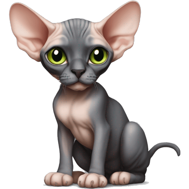 The Sphynx cat is sitting, she has not bright green eyes and black ear pads. there is black fur on her nose emoji