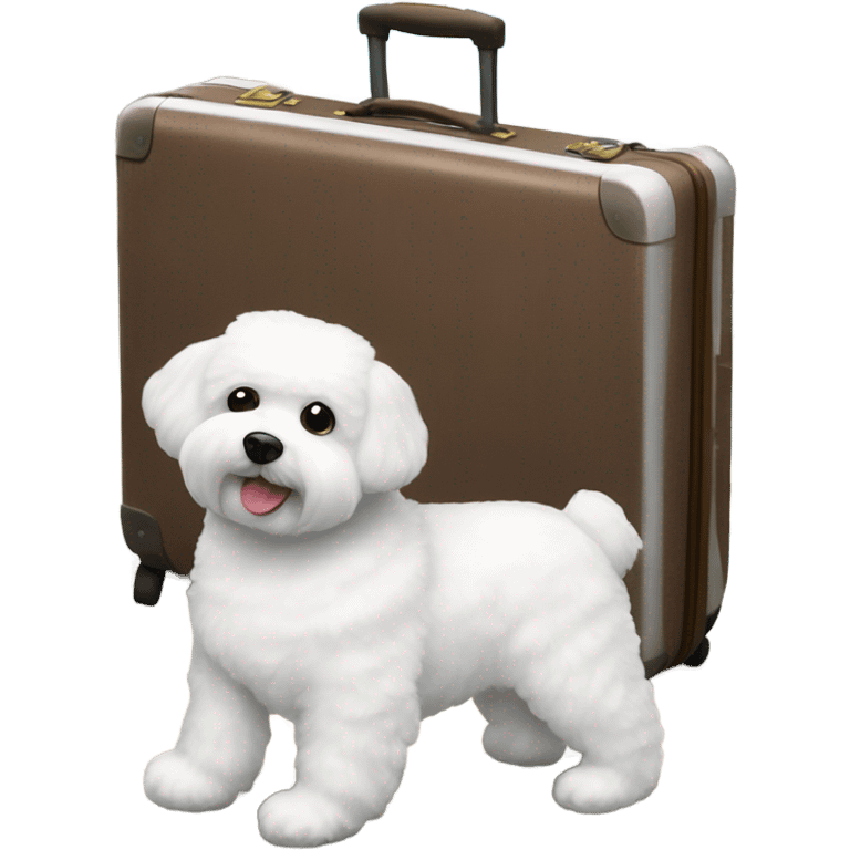 ABichon Frise standing next to a suitcase filled with iconic places stickers on the suitcase  emoji