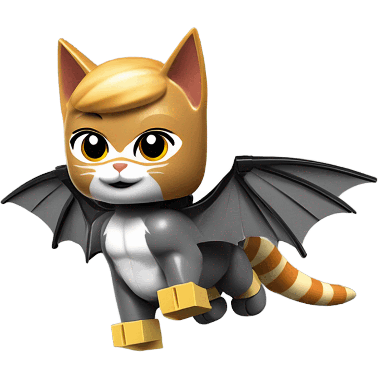 Lego Batman riding a Grey and black tabby kitten with white legs, razor sharp talons and wings of fire  emoji