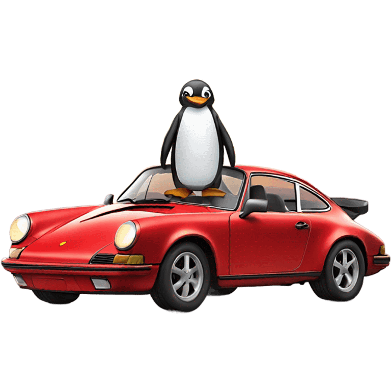 penguin riding in a porsche 911 at sunset emoji