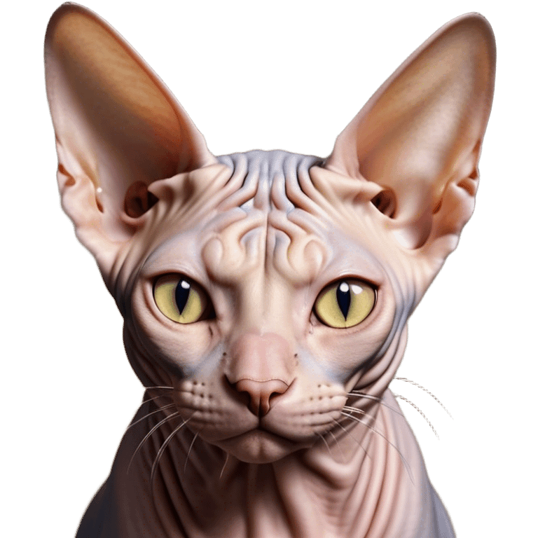 Cinematic Meme-Worthy Grumpy Sphynx Cat Portrait Emoji, Head held high but eyes filled with dramatic disappointment, hairless, wrinkled skin forming deep furrows of discontent, large ears positioned like tiny radar dishes of judgment, signature scowling mouth and narrowed eyes radiating pure disapproval, Simplified yet hilariously over-exaggerated features, highly detailed, glowing with an aura of supreme annoyance, high shine, exhausted yet judgmental, stylized with an almost regal pettiness, bright but brooding, soft glowing outline, capturing the essence of a feline that has seen it all and is thoroughly unimpressed, so meme-worthy it feels like it could instantly become the next viral sensation of grumpiness! emoji