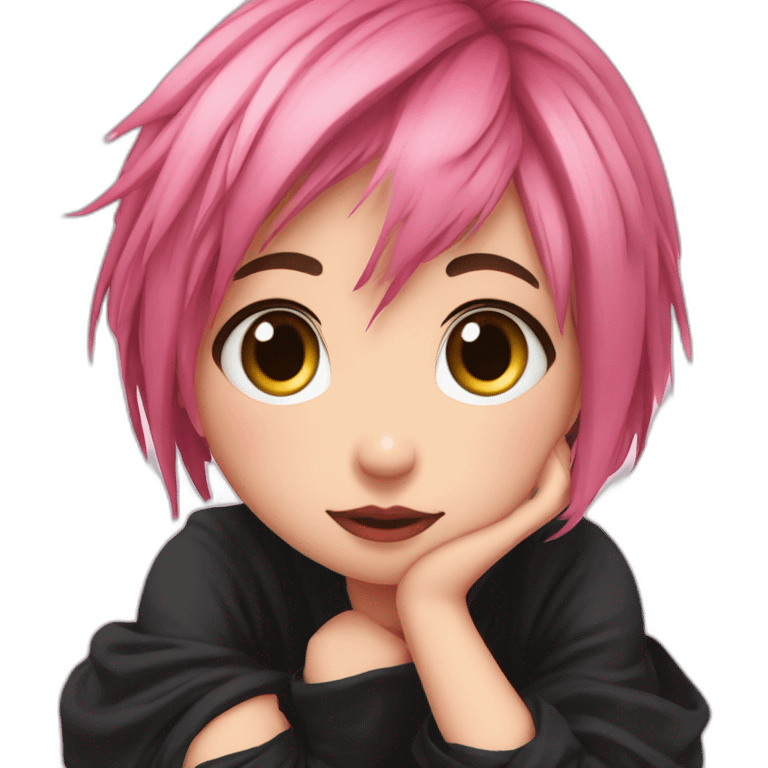 Full body Front view curvy emo girl pink hair sits on the floor straight view hands up black skirt полосатые рваные чулки emoji