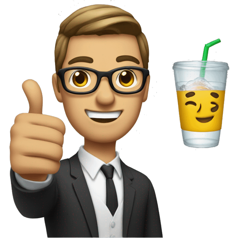 a 25-30 year old man with commahair style hair wearing glasses and giving a thumbs up with a sip sign emoji