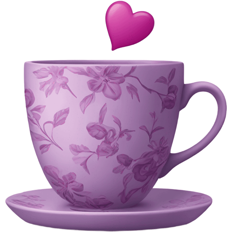 a beautiful aesthetic cup in pastel purple with a floral pattern in dark pink and next to it a love letter in purple  emoji