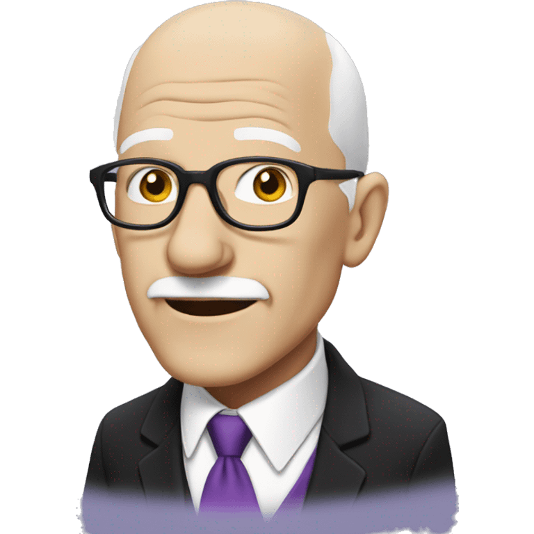 white, bald old man wearing a black suit with a purple tie and glasses,  emoji