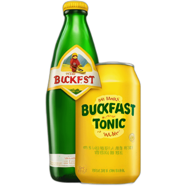 Man skiing over a giant green bottle of buckfast tonic wine with slogan made my monks makes you drunk fast on a yellow label on the bottle emoji