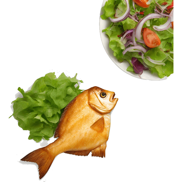 “Fried fish on a plate with fresh salad on the side.” emoji