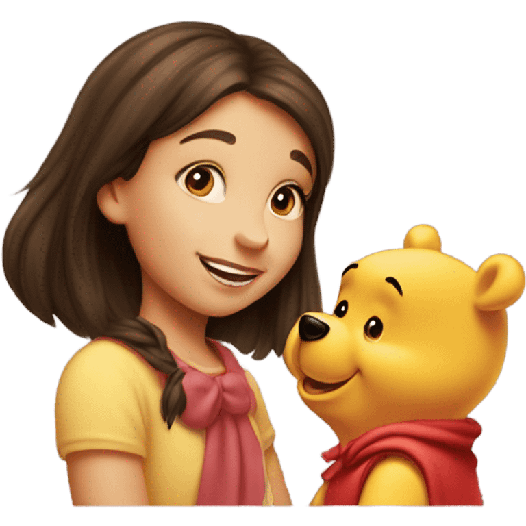 Pretty brunette getting kiss from Winnie the Pooh  emoji