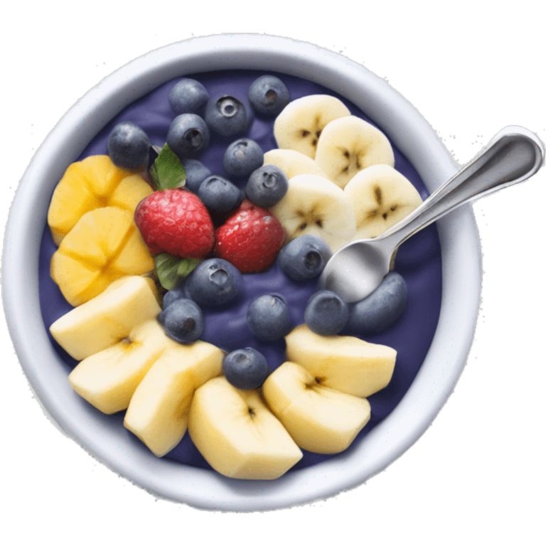 a neutral açai bowl with a silver spoon. The bowl is filled with a smooth, white açai mixture topped with various fruits like blueberries and bananas. The silver spoon rests gently on the side of the bowl, adding a touch of elegance to the design." emoji