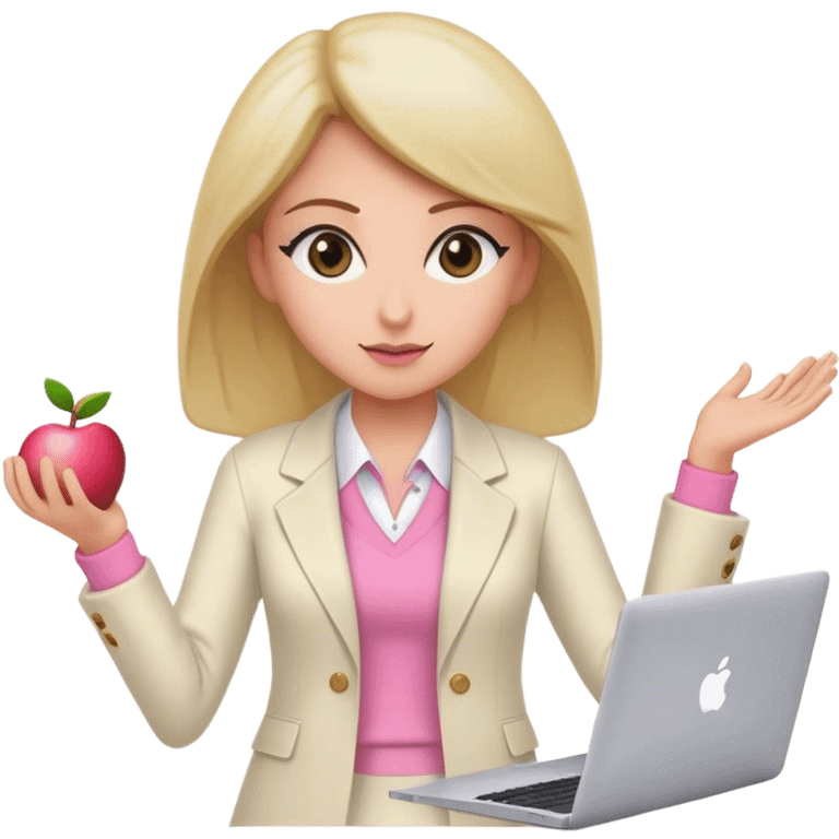 Female teaching working on an apple macbook, wear a cream long blazer, with a Pink shirt Day Teacher, must have a hazel eyes.  emoji