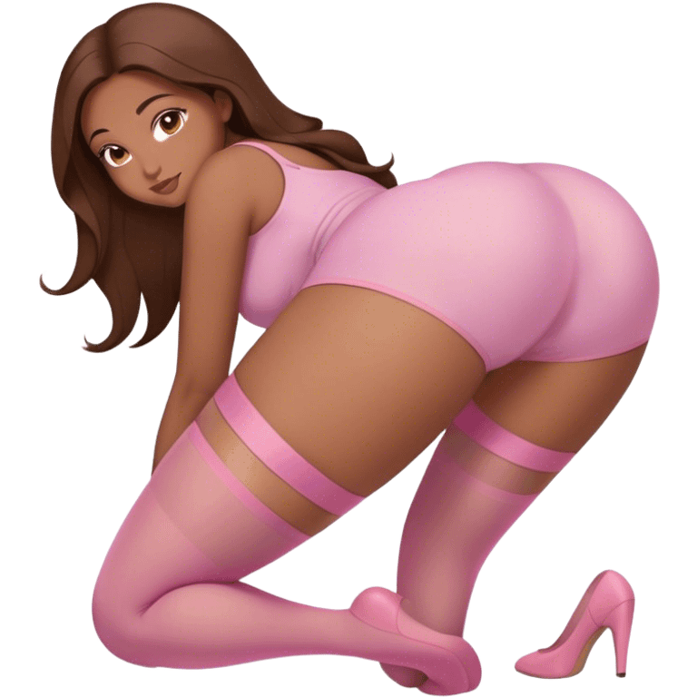 curvy brown long hair and brown eyes, intimate bending over arched back sfw light pink nylon stocking pose emoji