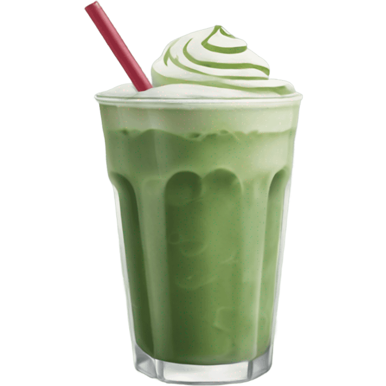 iced matcha latte in a glass and dark green traditional no whipped cream on top & a straw emoji