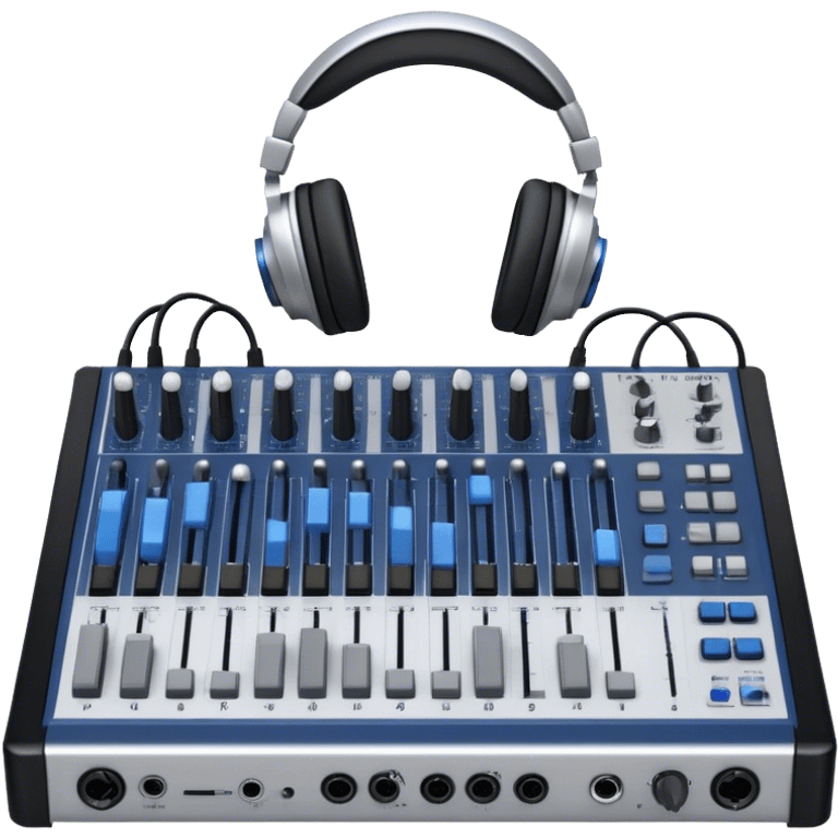 Create a professional and technical emoji that represents sound engineering. The design should feature a sound mixing console with faders, a pair of studio headphones, and audio waveforms to symbolize the precision and technicality of sound mixing and mastering. Include elements like a microphone or audio cables to reflect the recording aspect. Use colors like silver, black, and dark blue to represent the technical, yet artistic side of sound engineering. The background should be transparent. emoji