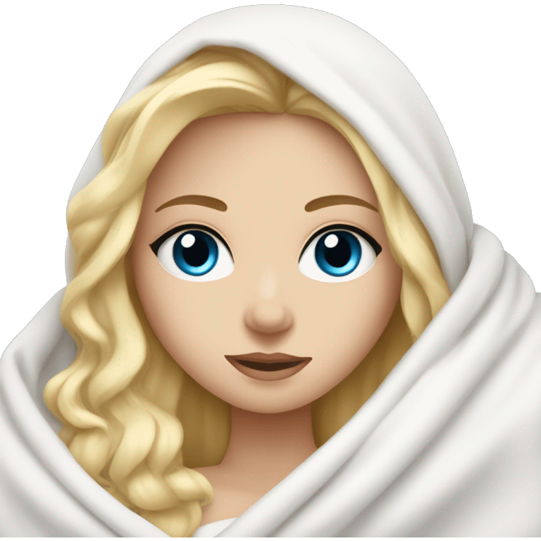 Pretty white blonde girl with blue eyes wrapped in white blanket in bed emoji