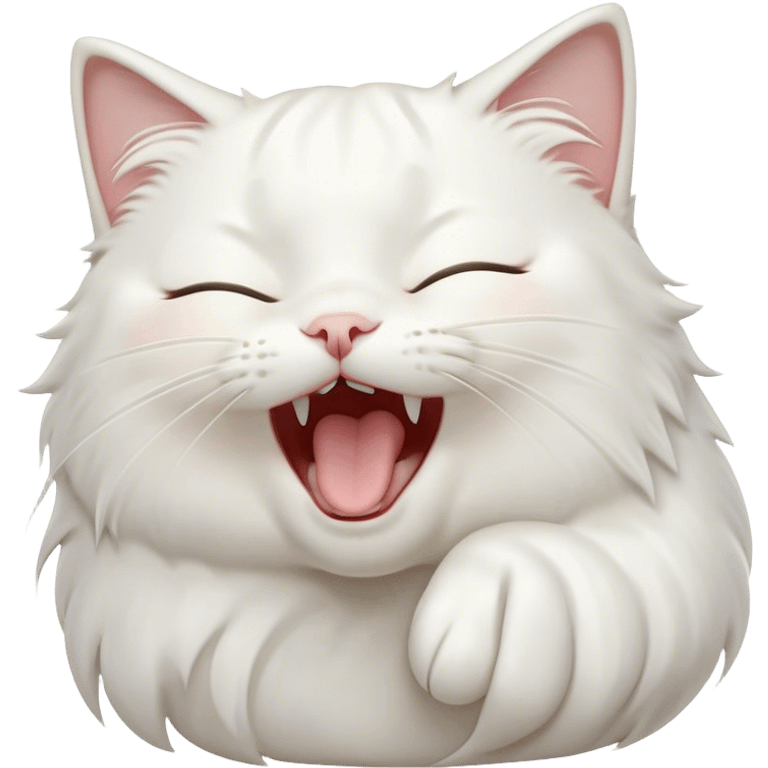 Cinematic Cute Yawning White Cat Portrait Emoji, Head gently tilted with an endearing, wide-open yawn and softly closed eyes, showcasing a pristine white fur with delicate hints of silver, simplified yet irresistibly adorable, highly detailed, glowing with a tender, cozy radiance, high shine, exuding sleepy charm and gentle affection, styled with a soft glowing outline, capturing the essence of a white cat caught mid-yawn, radiating pure, adorable lethargy! emoji