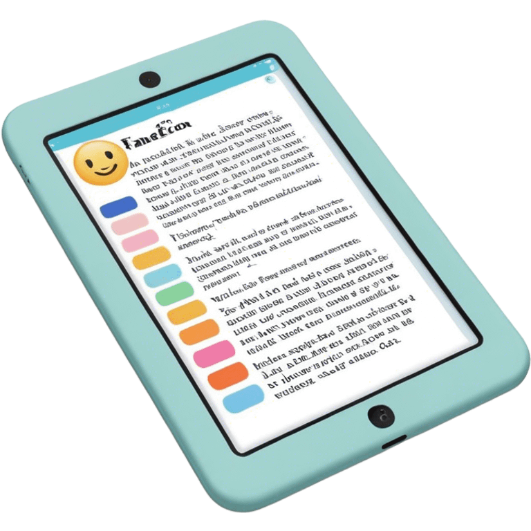 Create an emoji representing fanfiction writing. The design should feature a digital device tablet with visible text, symbolizing the creative process of writing fanfiction. Add a subtle reference to popular fictional characters or universes to indicate the fan aspect. Use a playful, imaginative color palette, blending vibrant tones with soft neutrals. Do not include any emojis or smiley faces. Make the background transparent. emoji