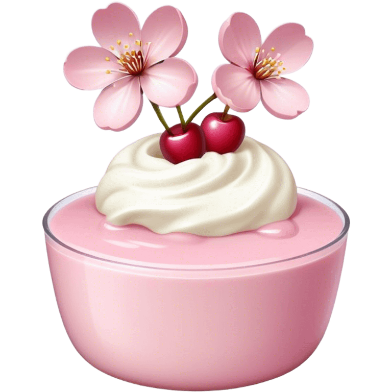 A cherry blossom on the light pink pudding emoji