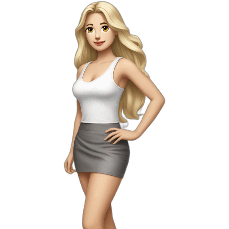 hyperrealist caucasian long blonde hair brown eyes woman white strap low cut tank top gray tight mini skirt black high heeled shoes full body emoji