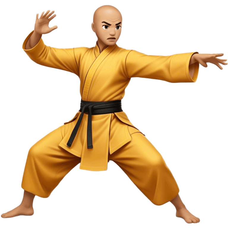 Cinematic Realistic Kung Fu Action Emoji, depicted as an epic martial arts scene with a master executing a precise move in traditional attire, rendered with fluid motion and vibrant textures under dramatic high-contrast lighting. emoji