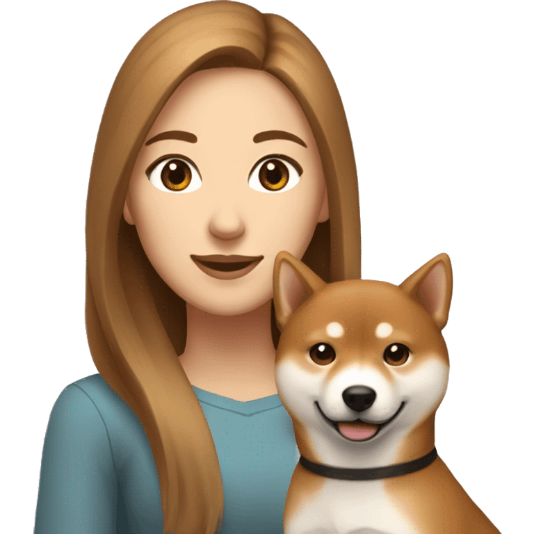 beautiful woman, straight long light brown hair, brown eyes smiling with dog Shiba Inu emoji