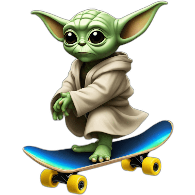 bebe yoda arc-en-ciel qui fait du skate en nageant dans une mer noir emoji