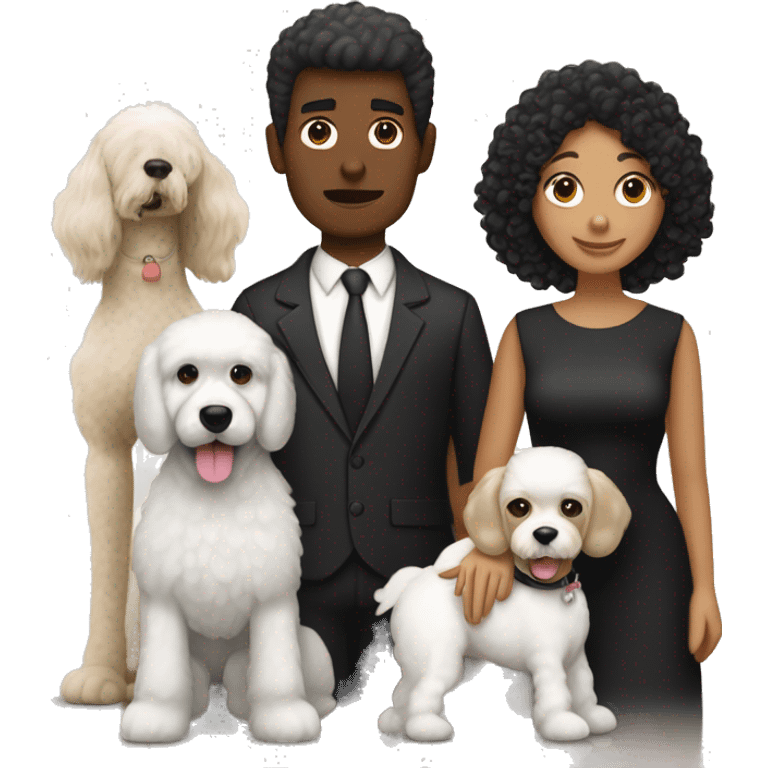 Una pareja, mujer blanca, cabello negro, hombre zambo y su perrita labrador poodle negro emoji