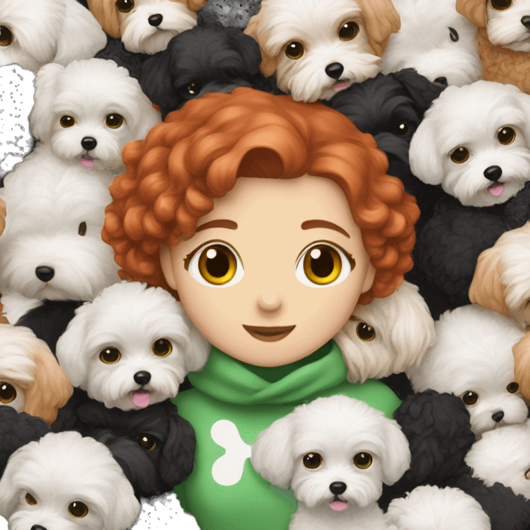 red haired girl with green eyes  hugging her black m and white Maltipoo dogs emoji