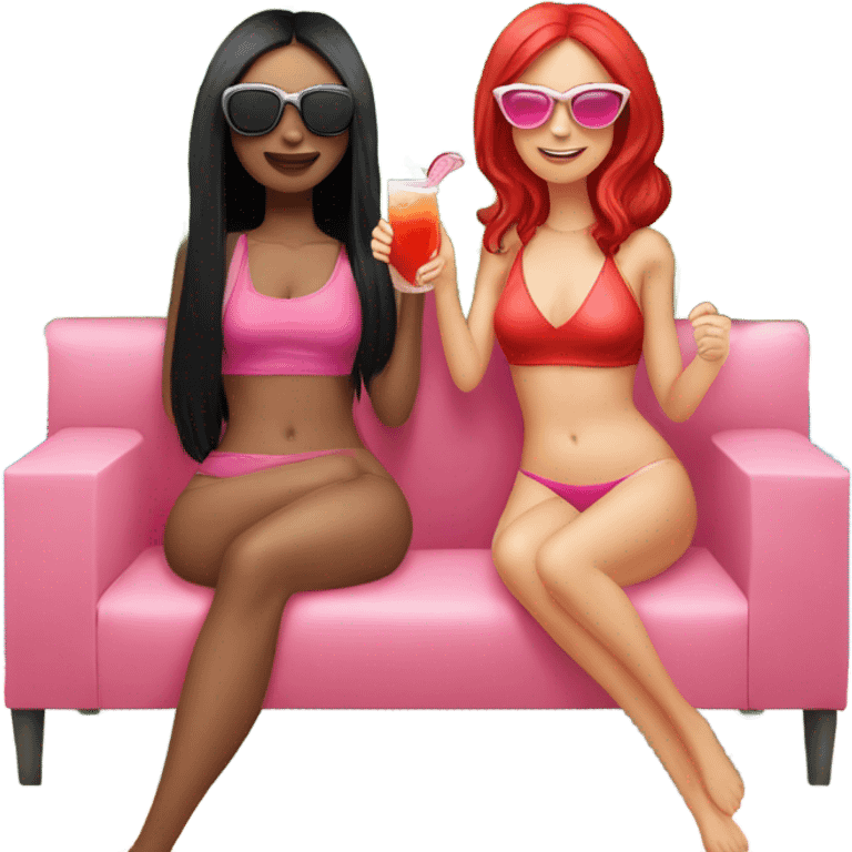 Two girls. One of them with long black hair, sunglasses on, red swimming suit, another one is short red hair, pink swimming suit, both drink cocktails and laying on the outdoor couch. Both a white skin emoji