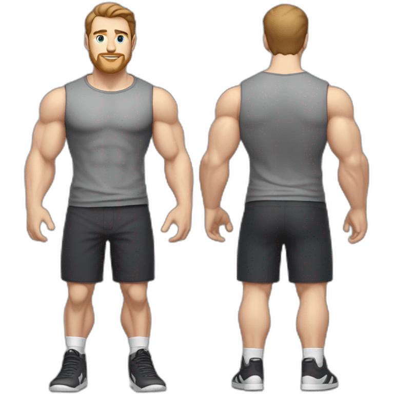 Full height Pale skinned muscular man With Realistic eyes and mouth, light brown hair and stubble In dark gray sleeveless mike, black oversize sports shorts, watch and white sneakers. emoji