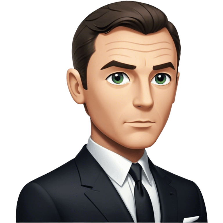 Cinematic Realistic James Bond Portrait Emoji, depicted as a suave, sophisticated secret agent in a tailored suit with a cool, composed gaze and an air of stealth and charm, rendered with crisp textures and dynamic cinematic lighting that captures his timeless espionage allure. emoji