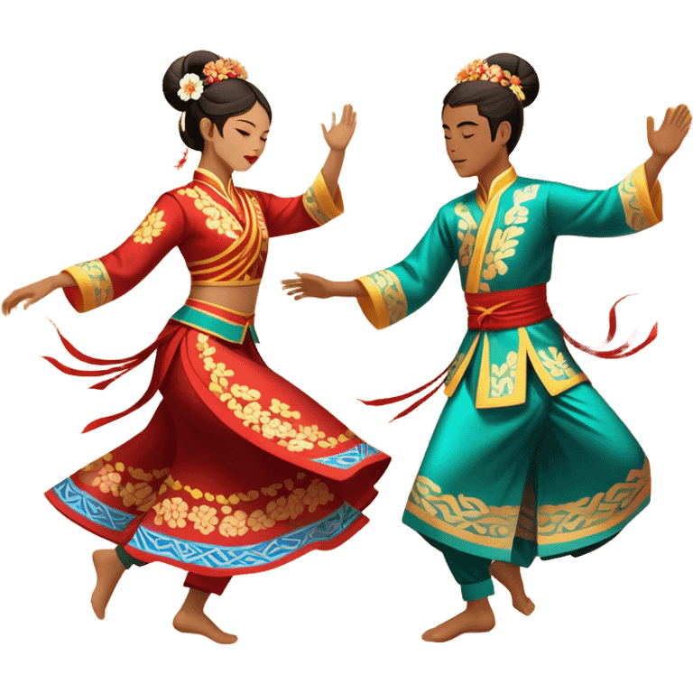 Cinematic Realistic scene of two performers executing a traditional Vietnamese folk dance, adorned in intricately patterned traditional costumes, captured in fluid motion with soft, culturally rich lighting emoji