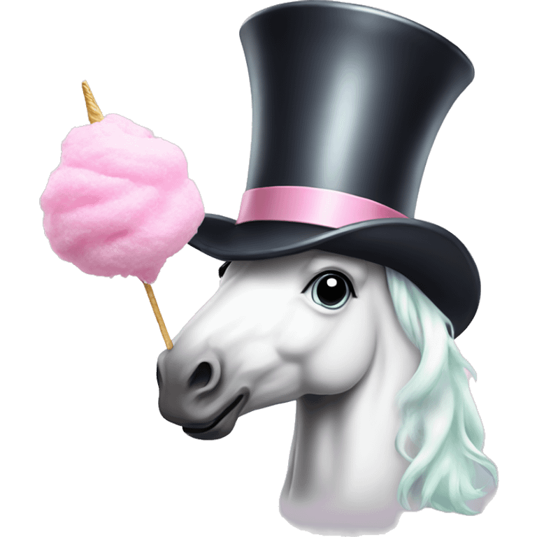 Unicorn wearing a top hat eating cotton candy emoji