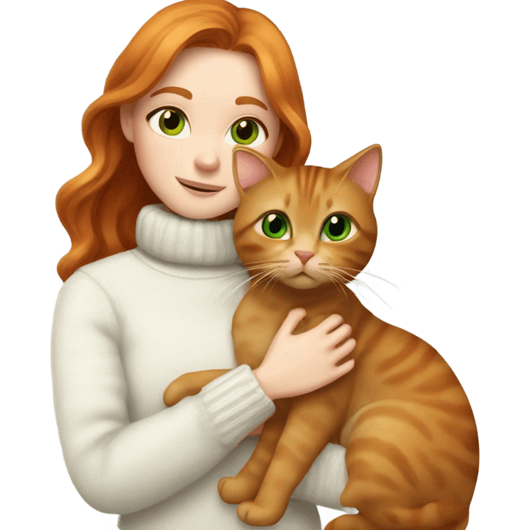 ginger girl with wavy long hair and green eyes in turtle neck white sweater cuddling with a brown cat emoji