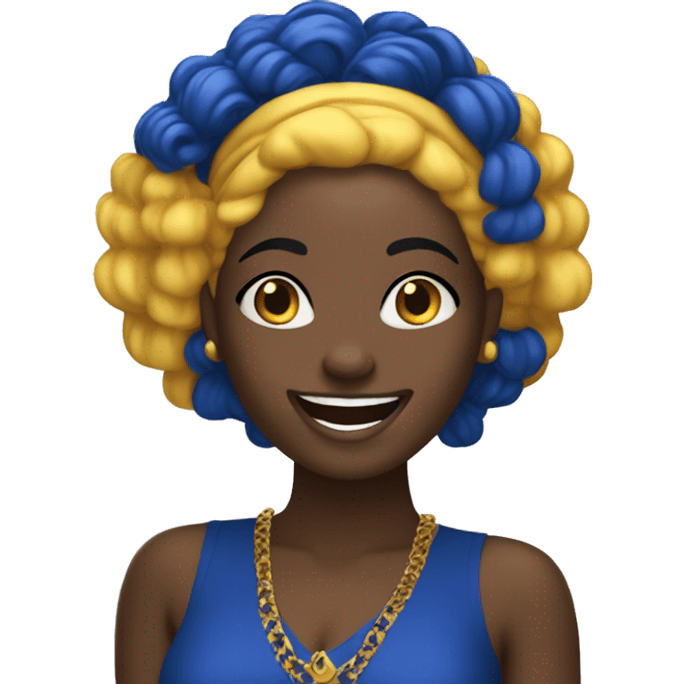 1 laughing Black Girl with straight royal  blue hair with yellow gold and royal blue dress emoji