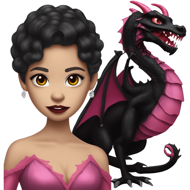 low cut back black evening gown with see-through gloves, Jenna Ortega as Addams woman prom queen wearing a mini tiara, very large blood  pink evil-looking horned old dragon companion emoji