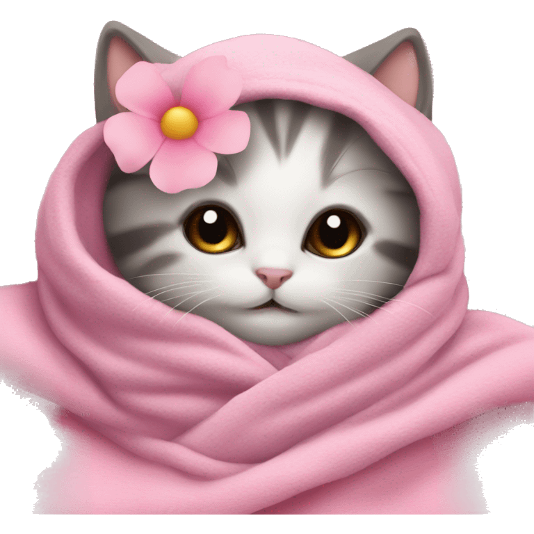 kitten in pink soft blanket with a pink flower clip on head emoji