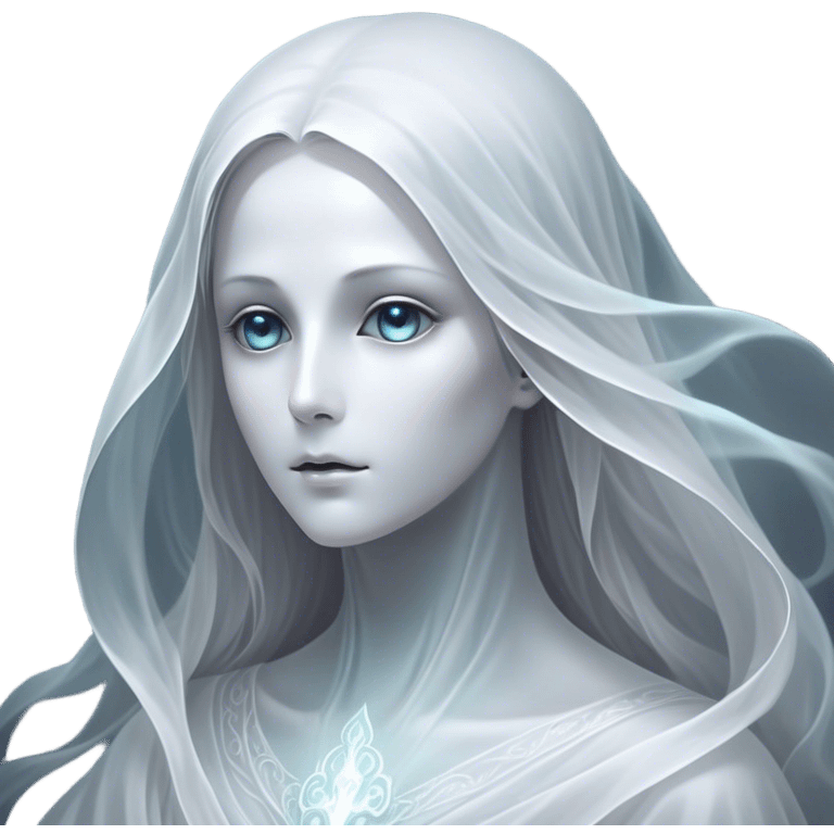 Cinematic Noble Ghost Portrait Emoji, Ethereal and dignified, with a flowing, translucent form in silvery-white hues, wispy and majestic, and a calm, otherworldly expression with deep, thoughtful eyes, simplified yet sophisticated features, highly detailed, glowing with a soft, spectral radiance, high shine, exuding regal mystery and quiet authority, with a soft glowing outline that captures the essence of a ghostly guardian drifting from another realm! emoji