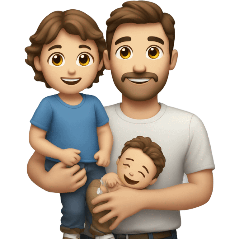 Happy brown haired dad holding a small boy, small girl, and baby boy emoji