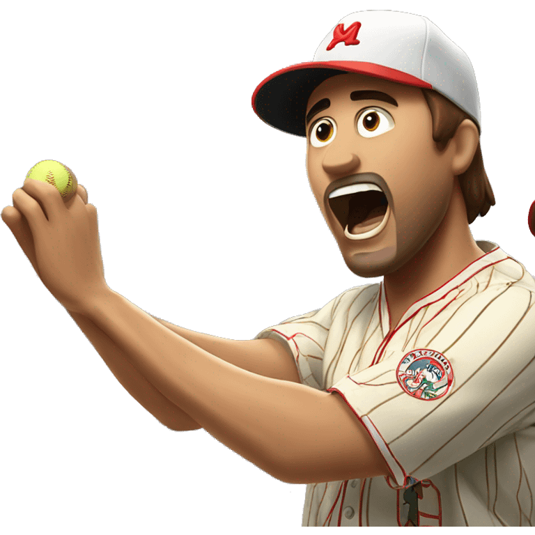 Man with brown hair wearing a hawaiian shirt yells at pinstripe wearing Latino baseball player emoji