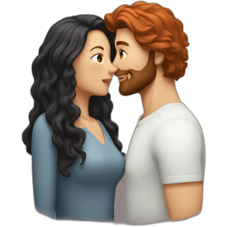 a bearded man with medium-length dark hair kissing a woman with long red hair emoji