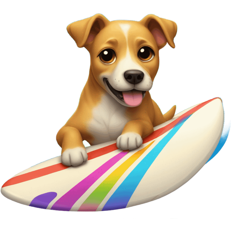 Dog surfing on a rainbow emoji